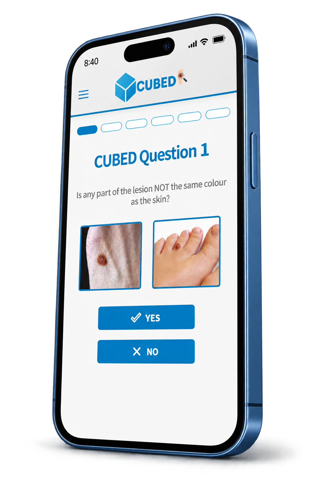Stylised mobile phone displaying the CUBED assessment screen